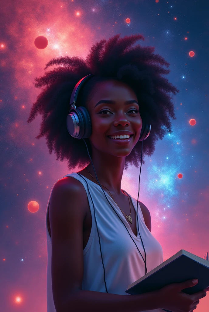 Silhouette of a smiling black woman, looking straight ahead, listening to music on headphones and reading, in the background the universe with neon colors, wearing a white sleeveless shirt