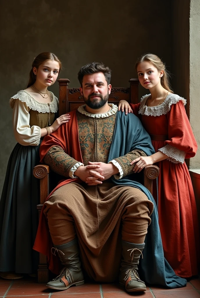 family portrait in medieval style - in the middle sits in a chair a man king holding a sword, and around him his 6 wives