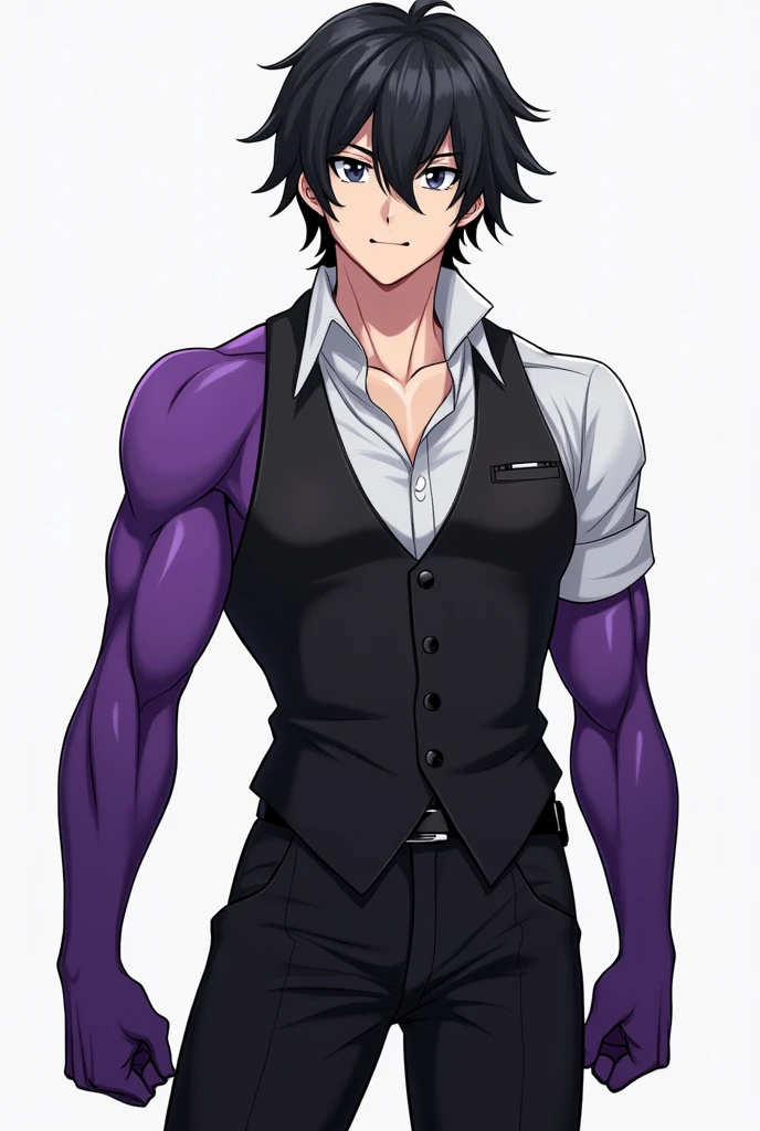 generate an anime character who wears all black, white  shirt, has black hair and gray eyes, and has a purple right arm, naughty man, he only has a purple right arm and the other normal, he is strong weighs 70 kilos and has 1,80 tall, his arm is purple and it&#39;s not a garment, it&#39;s the skin and it&#39;s just an arm, make the image less realistic

