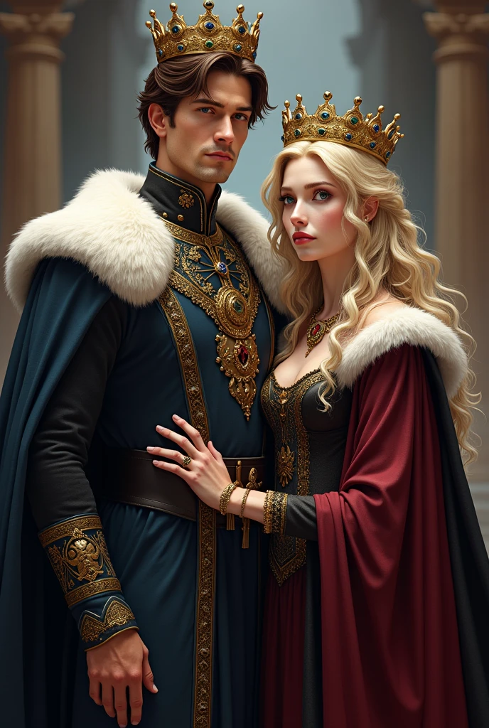 A king and a queen.
The king has brown hair, Her skin is white, wears a gold-colored crown with blue stones, His clothing is black with blue, Her hair is short.
The queen has white skin, wear a burgundy dress with black, Her hair is long and wavy. Blonde colored, He wears a golden crown with green stones. Both have North American features