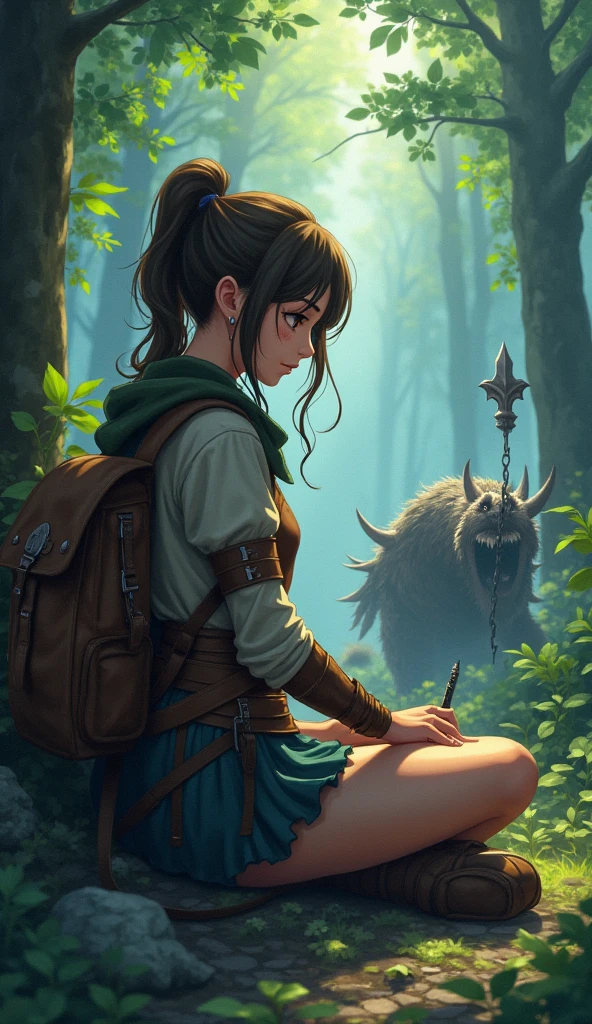 A Warrior woman sitting on a forest sewing a backpack, there are dead fantasy monsters around, anime style 