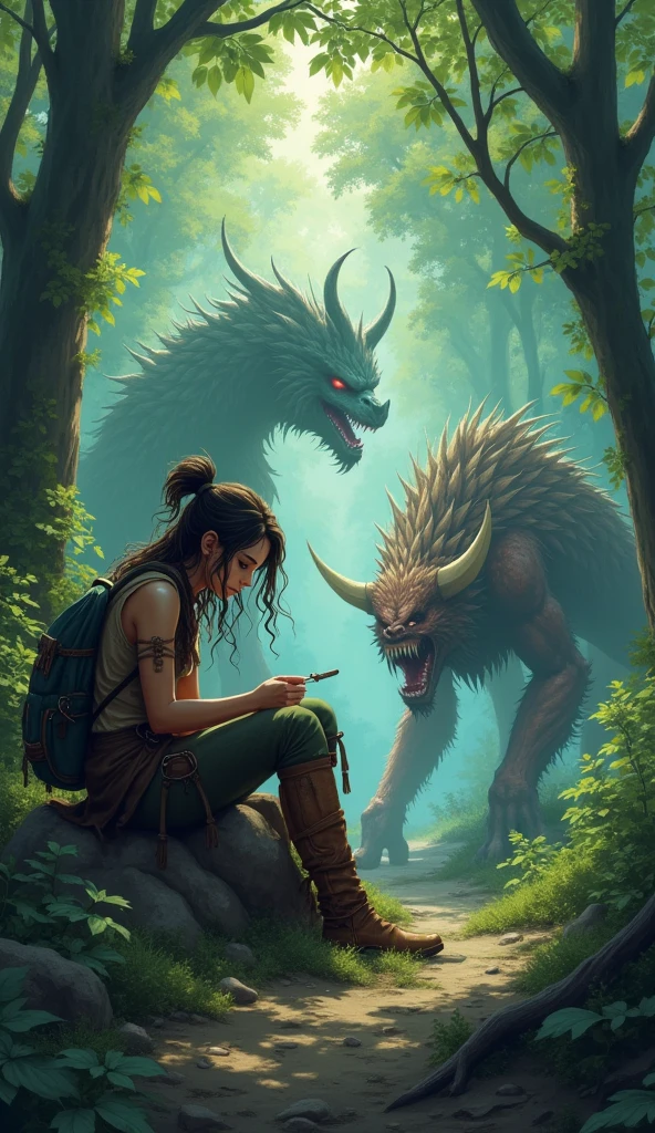 A Warrior woman sitting on a forest sewing a backpack, there are dead fantasy monsters around, anime style 