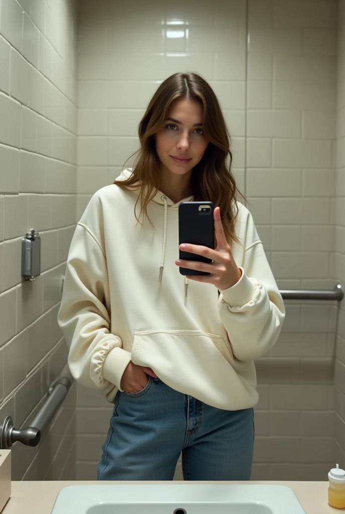 599106272 isabella taking a photo in a public bathroom, with jeans and a white hooded sweatshirt