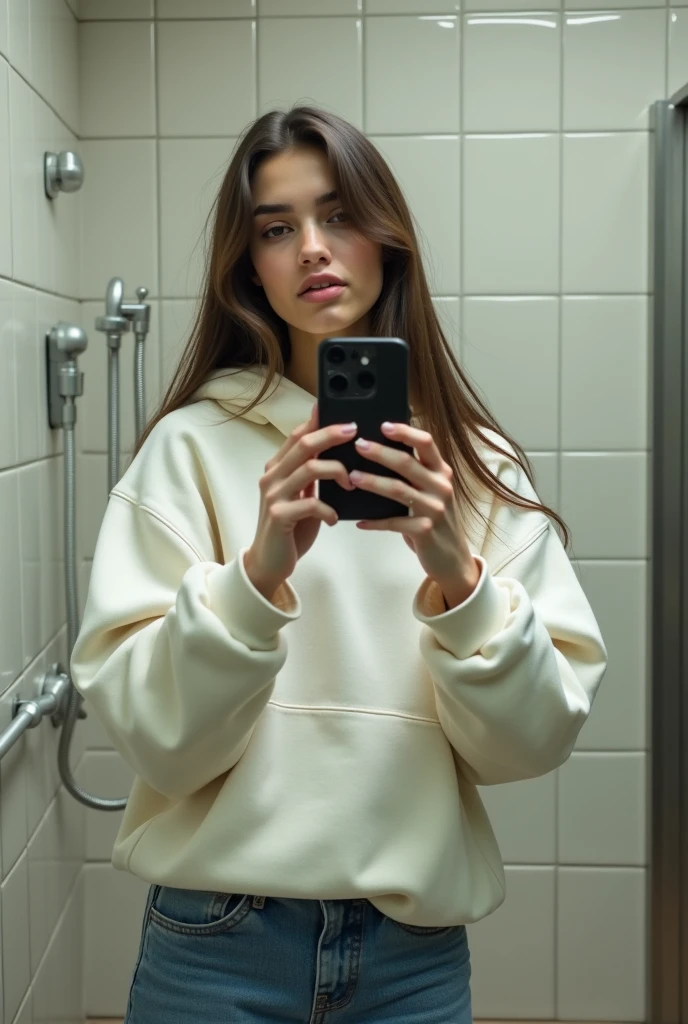 599106272 isabella taking a photo in a public bathroom, with jeans and a white hooded sweatshirt