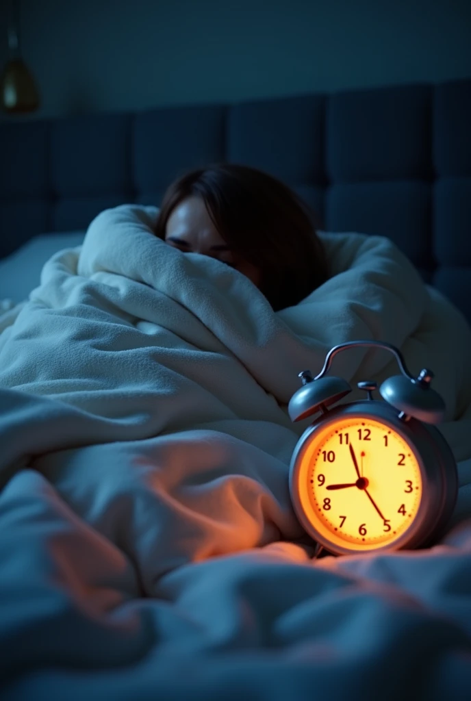 Someone lying in bed with an alarm ringing, and a number of “snoozes” (5, 10, 15 minutes) Displayed, while the person is covered by several layers of blankets.
