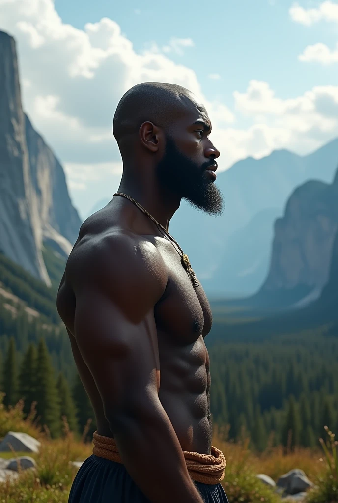 I would like an image of a young, 29-year-old, dark-skinned, strong, bald man with a beard, alone, looking at the horizon in a beautiful, striking landscape that has everything to do with the following phrase: , " No distractions, only God, me and my goals". 
