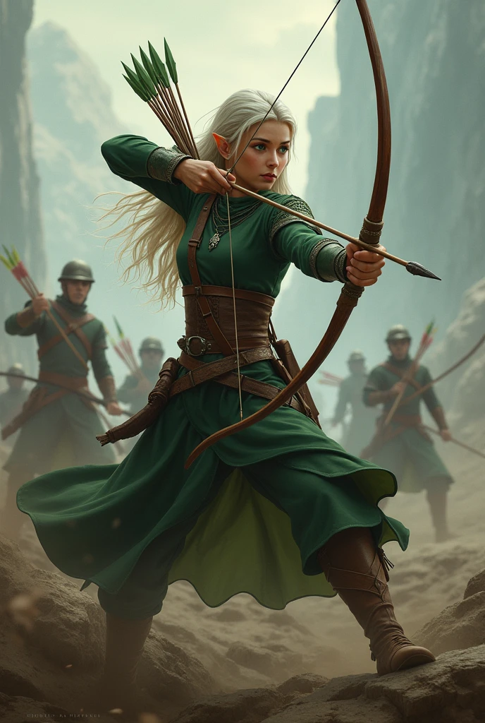 An elf archer approximately twenty-eight years old. Your hair is medium, almost white blondes, Emerald green eyes, pele alva, wearing simple armor. The ears are slightly pointed. She is in a full body attack pose in a war scenario.