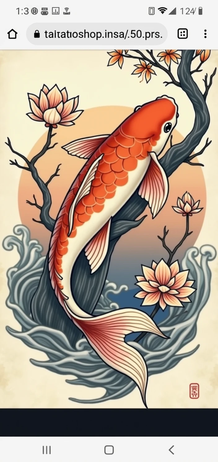 I want a tattoo design, with a koi fish looking up to the left, whose tail is not as thick as the classic ones and is with a classic Japanese background, of waves and lotus flowers