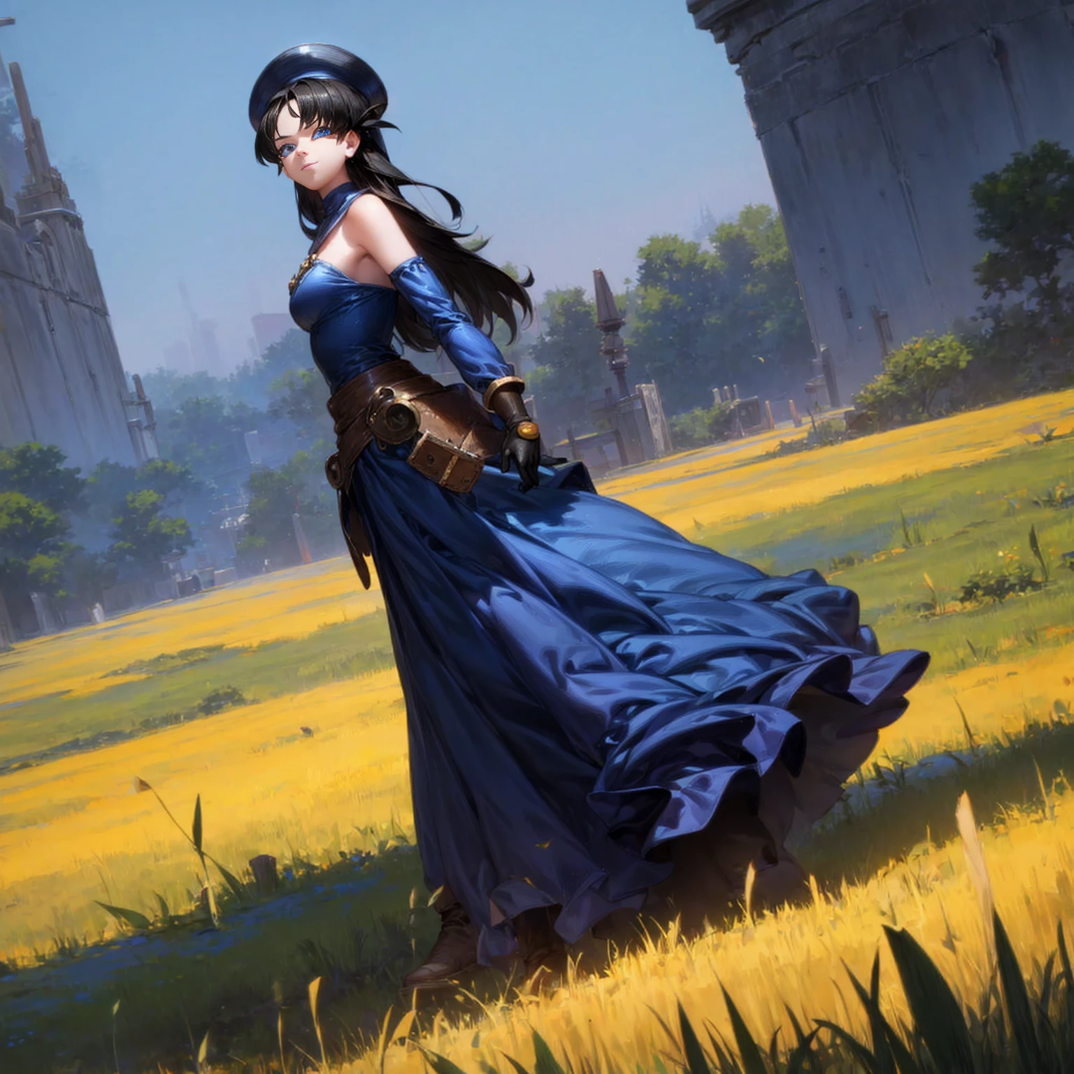 Solo character, young girl, full body version, blue eyes, black colour hair, long hair, blue long dress, bare shoulder, gloves, hat, long skirt, boots, outdoor, field, town, medieval , standing gesture, detailed hair, detailed background, sad eyes, smile mouth, (one piece style art), (dragon ball style art)