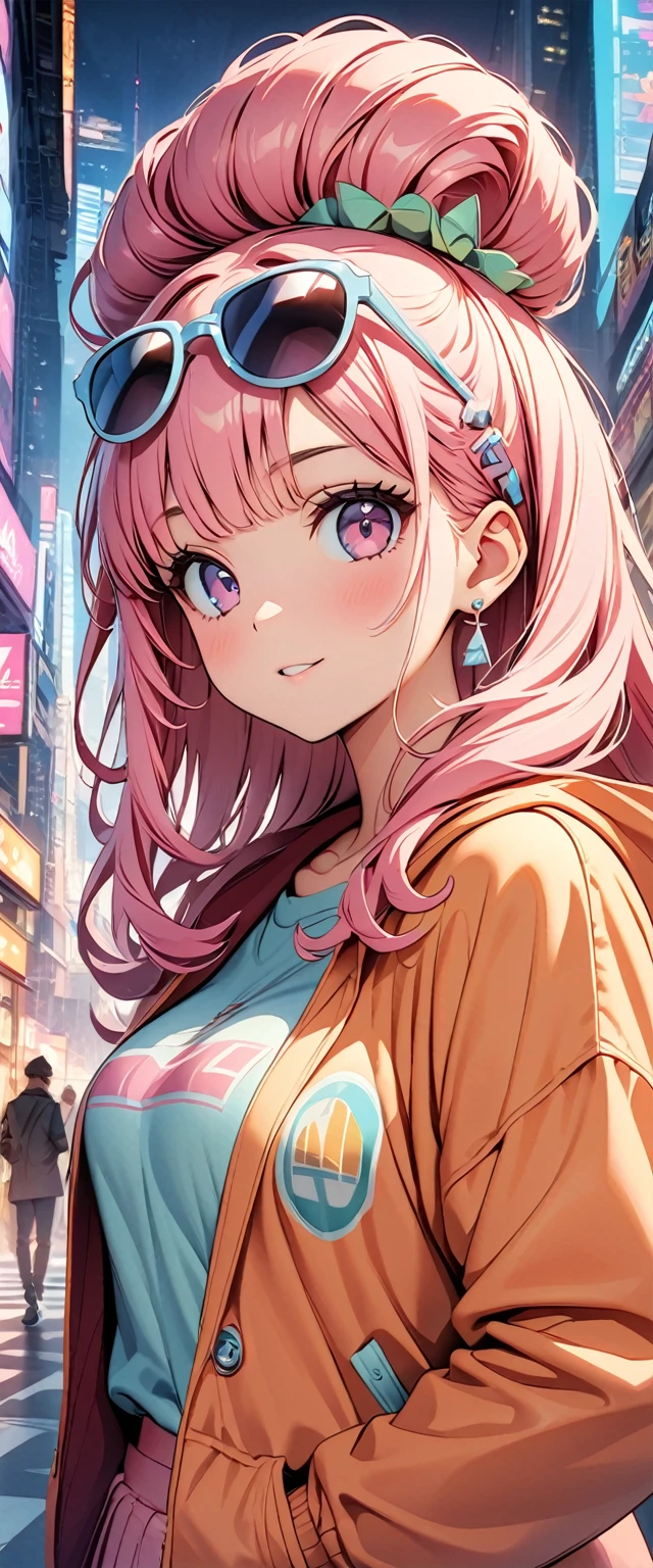 (Highest quality:1.2、City Pop Style、Very detailed、up to date、vivid、High contrast、masterpiece:1.2、Highest quality、Best aesthetics)、girl、Colorful Hair、(Hair Ribbon:0.4), Pink Eyes,(((White bun hair))),(((Pink long hair)))、Pastel colors、1980s Style、((Future metropolis、Retro、vintage))、Logo Jumper、(Sunglasses on head)。