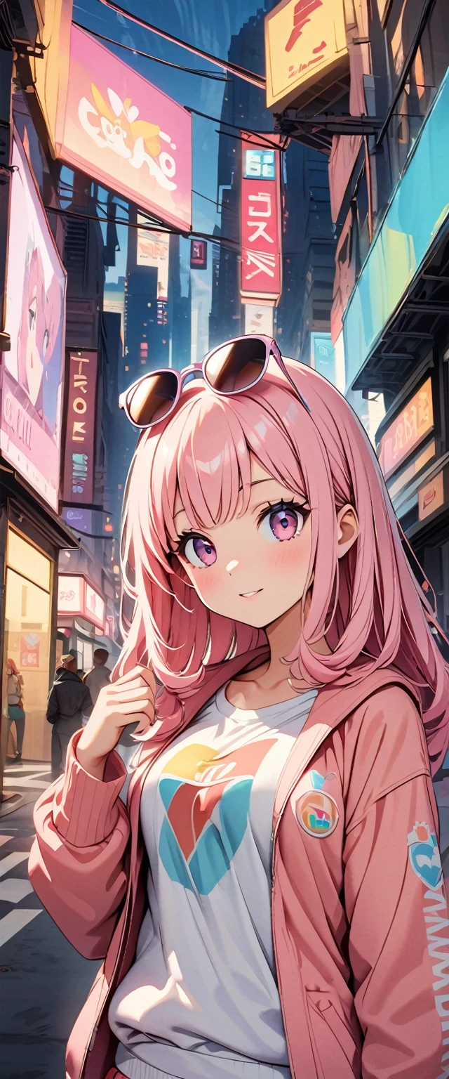 (Highest quality:1.2、City Pop Style、Very detailed、up to date、vivid、High contrast、masterpiece:1.2、Highest quality、Best aesthetics)、girl、Colorful Hair、(Hair Ribbon:0.4), Pink Eyes,(((White bun hair))),(((Pink long hair)))、Pastel colors、1980s Style、((Future metropolis、Retro、vintage))、Logo Jumper、(Sunglasses on head)。