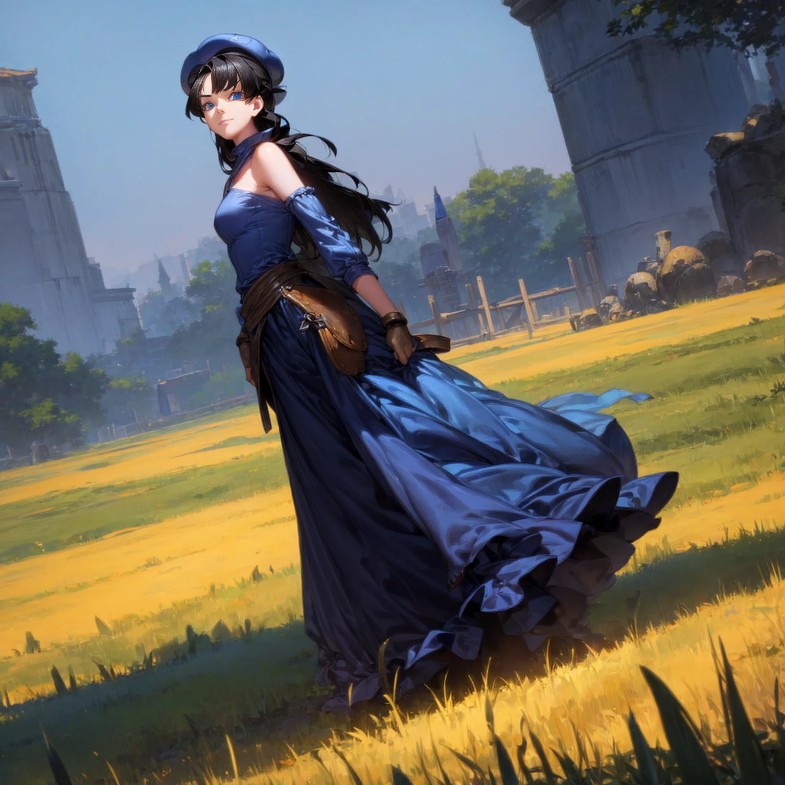 Solo character, young girl, full body version, blue eyes, black colour hair, long hair, blue long dress, bare shoulder, gloves, hat, long skirt, boots, outdoor, field, town, medieval , standing gesture, detailed hair, detailed background, sad eyes, smile mouth, (one piece style art), (dragon ball style art)