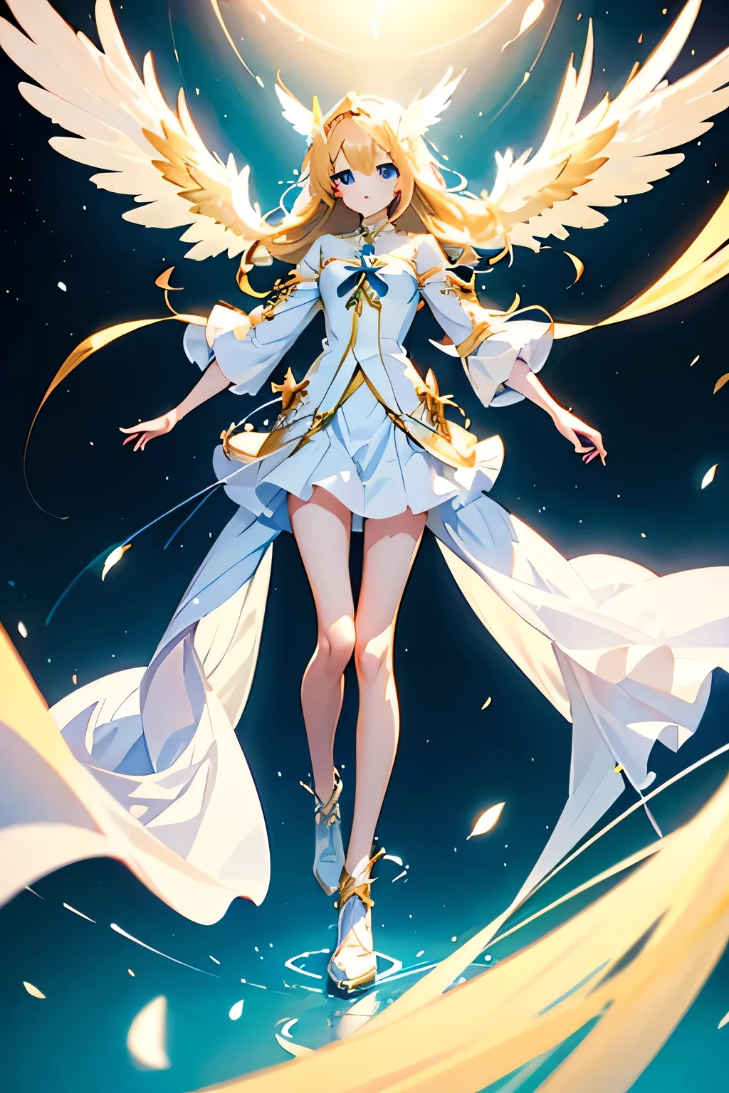 Anime-Angel-Girl, long blondes hair, bright light blue eyes, descending, full body, white short dress, white shoes with golden details, white golden wings on the back 