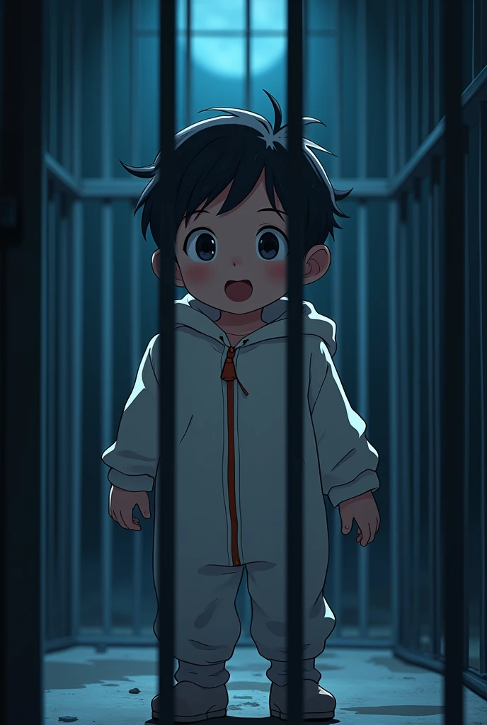 Cinematic Anime style. Manga art. TME0224 face, (((a baby boy, 4 year old))) in a funny night (((wearing a baggy onesie without a zipper with hands in mitts))), (((inside a closed cage behind bars))). cinematic lighting, drop shadow, masterpiece, UHD, anatomically correct, textured skin, super detail, high details, high quality, best quality, 4K, full body