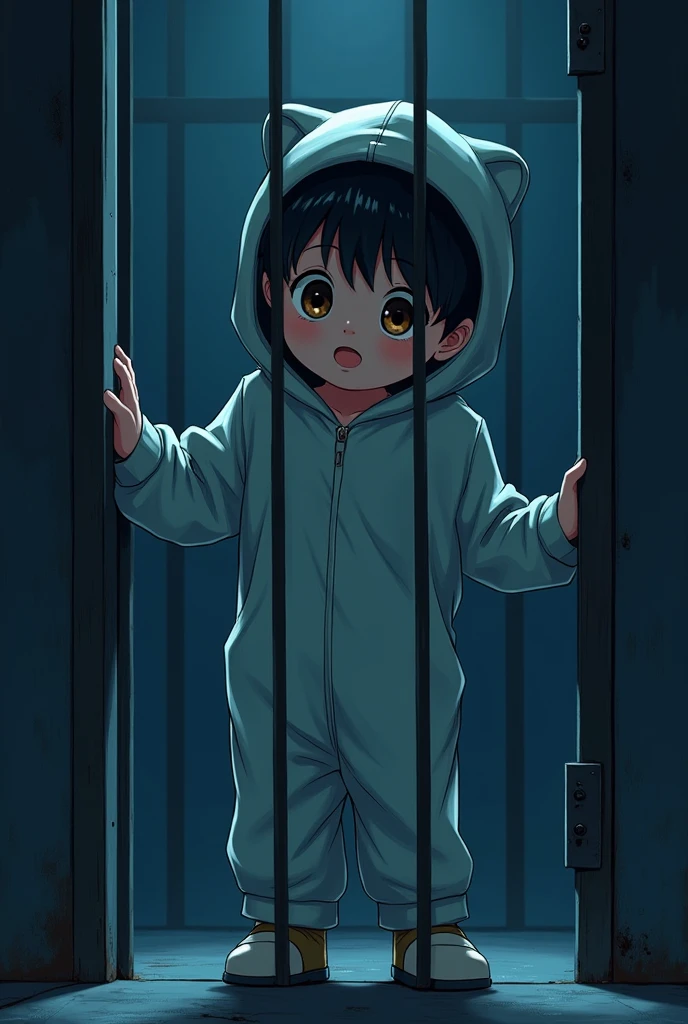 Cinematic Anime style. Manga art. TME0224 face, (((a baby boy, 4 year old))) in a funny night (((wearing a baggy onesie without a zipper with hands in mitts))), (((inside a closed cage behind bars))). cinematic lighting, drop shadow, masterpiece, UHD, anatomically correct, textured skin, super detail, high details, high quality, best quality, 4K, full body