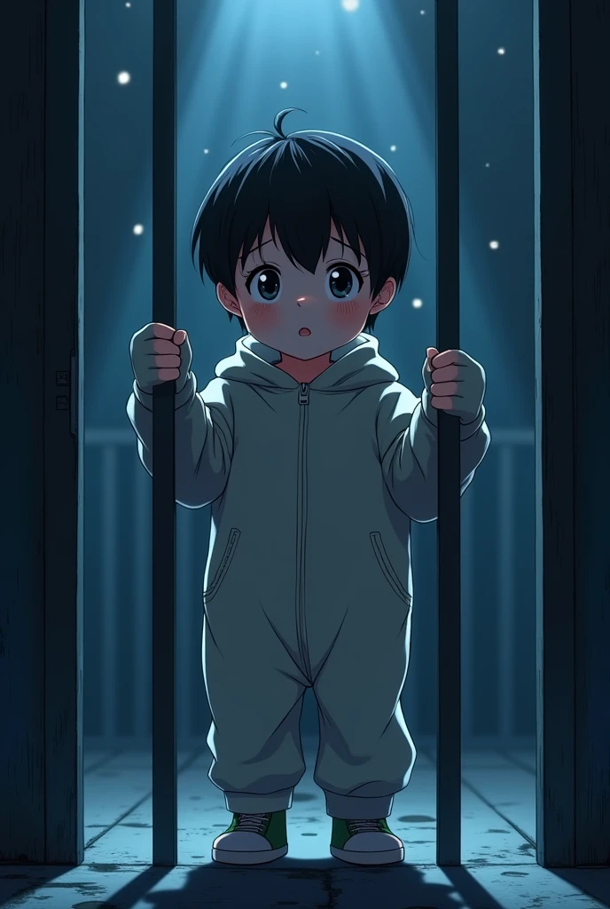 Cinematic Anime style. Manga art. TME0224 face, (((a , 4 year old funny night (((wearing a baggy onesie without a zipper with hands in mitts))), (((inside a closed cage behind bars))). cinematic lighting, drop shadow, masterpiece, UHD, anatomically correct, textured skin, super detail, high details, high quality, best quality, 4K, full body