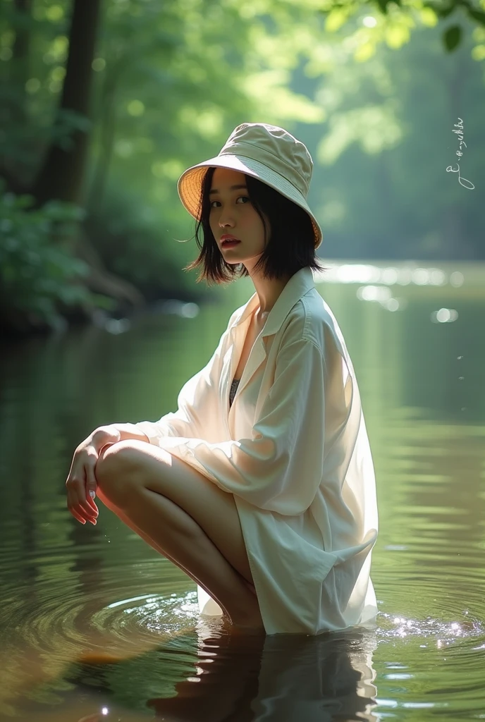 An evocative and serene photo of a young Asian woman kneeling in a tranquil forest river. She wears a wet translucent oversized white men's dress shirt and a vintage bucket hat, with her short hair tucked underneath. The lush greenery of the forest reflects in the water, and the dappled sunlight dances on the surface. The composition is captured from a long range, with a soft, faded-out filter applied that enhances the peaceful atmosphere. The artist's stylish signature, 'ai Link', is discreetly placed in the top right corner, adding a personal touch to the beautiful scene., photo