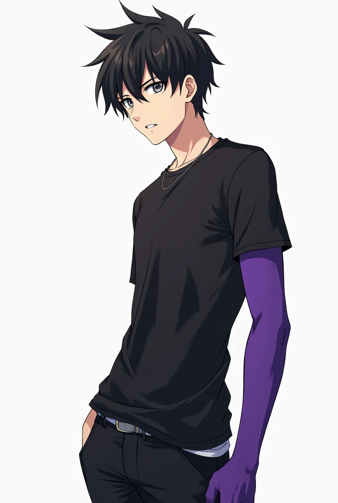generate an anime character who wears all black, white shirt, has black hair and gray eyes, and has a purple right arm, naughty man, he only has a purple right arm and the other normal, he is strong weighs 70 kilos and has 1,80 tall, his arm is purple and it's not a garment, it's the skin and it's just an arm, leave the image with the quality of a drawing