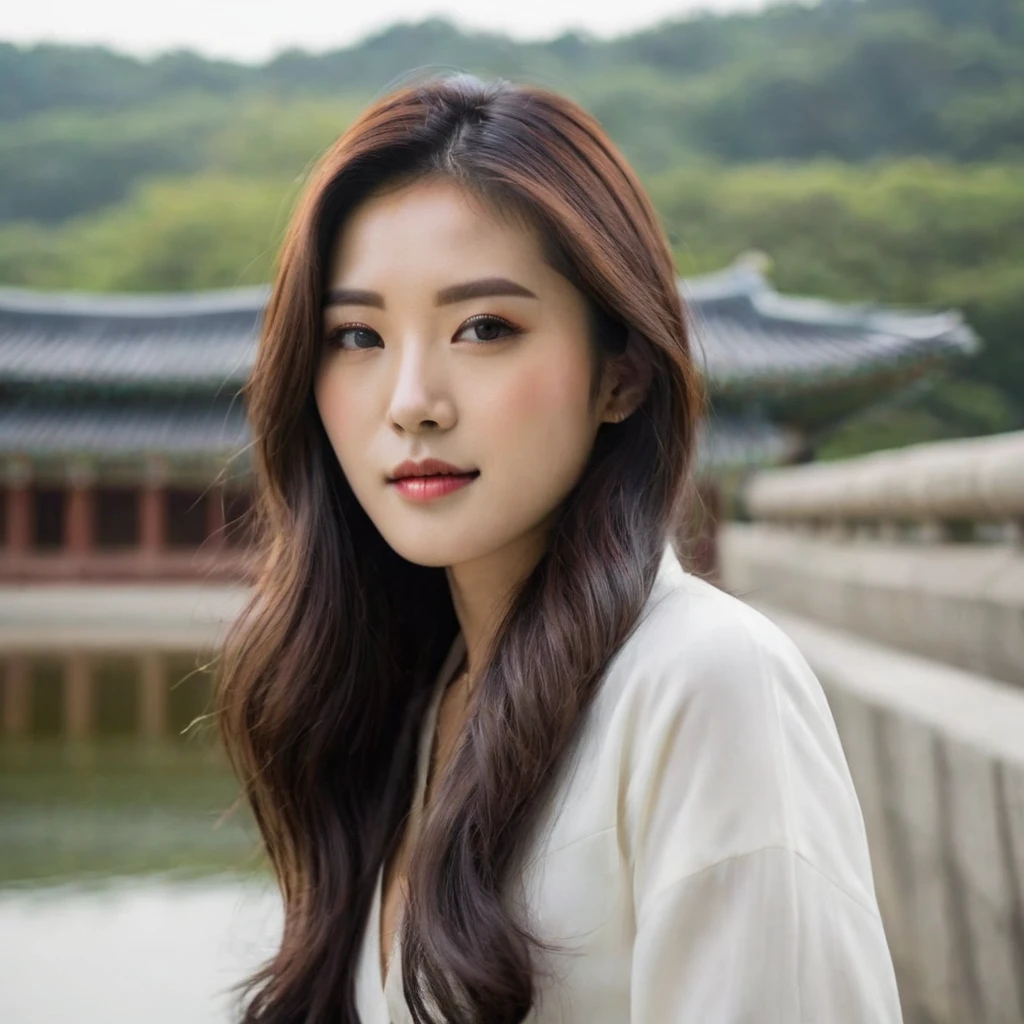 Beautiful figure, sharp face of Korean girl on 'cliff' Still images from movies, (Looks like Anne Hathaway: 0.7), In the style of the misty valley, Take pictures of the combat training, Mandarin orange and fossil grey, Burn Jones, Realistic city scenes, Water luminosity, Leica SL3, ซัมไมครอน-SL 75 f/2 ASPH, Film My Heart 200, bare shoulders, Monk's cloth, Dynamic action gestures,