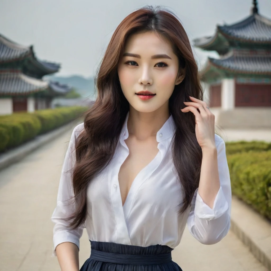 Beautiful figure, sharp face of Korean girl on &#39;cliff&#39; Still images from movies, (Looks like Anne Hathaway: 0.7), In the style of the misty valley, Take pictures of the combat training, Mandarin orange and fossil grey, Burn Jones, Realistic city scenes, Water luminosity, Leica SL3, ซัมไมครอน-SL 75 f/2 ASPH, Film My Heart 200, bare shoulders, Monk&#39;s cloth, Dynamic action gestures,