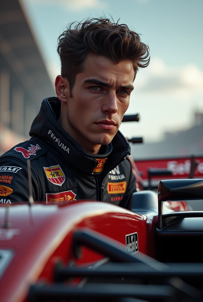 man, F1 race pilot, young demon handsome man, British, nineteen years