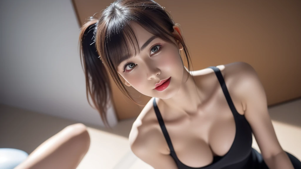 (((1Bobble Ponytailガール:1.3, alone))), Very cute and beautiful Japanese women, ( Model), Professional attire, (22 years old: 1.1), (From below:1.3), (Low - Angle:1.3), (Ground level shot:1.3), ((Top girl:1.5)), (腕を背middleの後ろ、Betw the legs:1.3), (Attractive random poses:1.3), (in the glass-sided shower room:1.3), break, (Bobble Ponytail:1.3), (Shiny black fine hair:1.2), bangs, Dark brown eyes, Beautiful Eyes, Princess Eyes, bangs, Hair betweene eyes, short hair:1.3, curve, Abdominal muscles, perfect Abdominal muscles, (middle〜Big breasts:1.5, Saggy breasts:1.5, Disproportionate breasts:1.5), (Narrow waist: 1.15, Abdominal muscles:0.95), (Detailed beautiful girl: 1.4), Lips parted, Red lips, Full makeup face, (Glowing Skin), ((Perfect female body)), (Upper body image:1.3), Perfect Anatomy, Perfect Proportions, (The most beautiful face of Korean actresses:1.3, The face of a very cute and beautiful Japanese actress:1.3, A charming, light smile, Happy, break, (Bare shoulders, Chest to chest, Show Viewer, (Very sophisticated、Elegant high-neck satin skin-tight dress:1.3), Detailed clothing, break, (simple shower room background:1.2, shower, Soap Bottle), (Dark Background), (Studio Soft Lighting: 1.3), (Fake lights: 1.3), (Backlight: 1.3), break, (Realistic, Realistic: 1.37), (masterpiece, Highest quality: 1.2), (Ultra-high resolution: 1.2), (RAW Photos: 1.2), (Sharp focus: 1.3), (Face Focus: 1.2), (Ultra High Definition CG Integrated 8K Wallpaper: 1.2), (Beautiful Skin: 1.2), (Pale skin: 1.3), (Hyper Sharp focus: 1.5), (Ultra Sharp focus: 1.5), (Beautiful pretty face: 1.3), (Highly detailed background, Detailed Background: 1.3), Ultra Realistic Photo, Ultra-sharp images, Hyper-detail image,