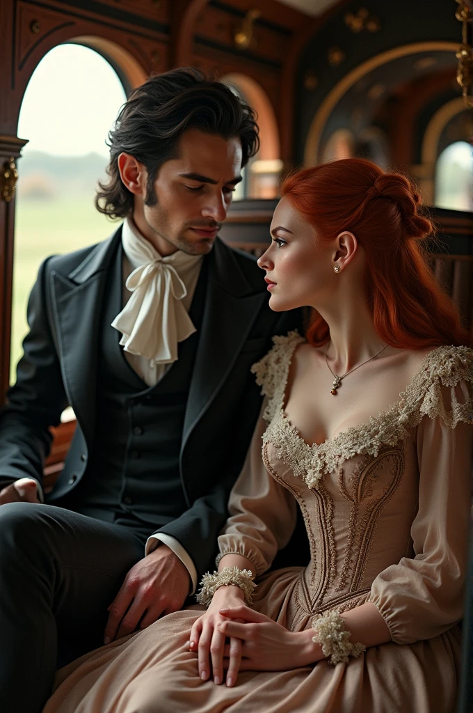 Mr Darcy elf in dark clothes, sitting in front of a red-haired, grey-eyed elf wearing Bridgerton clothing inside a carriage.