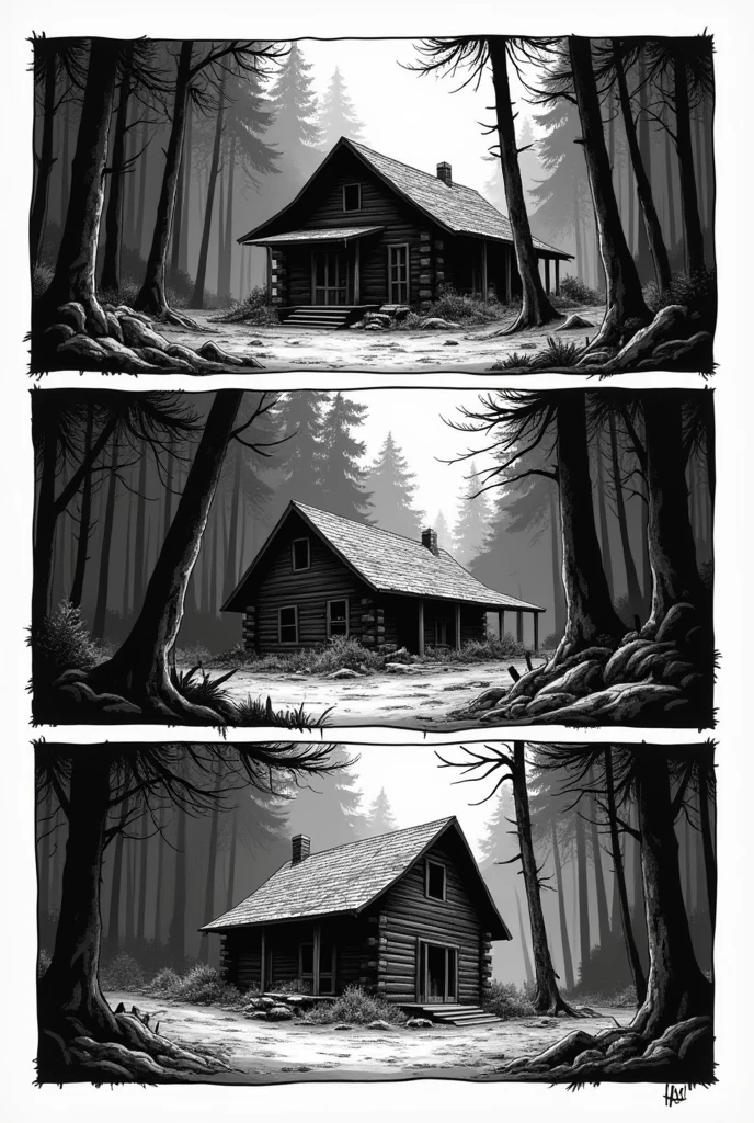 Create a black and white manga page image in the first frame a cabin in the woods in the second frame absolute silence in the third frame the cabin in the middle of the woods falling apart