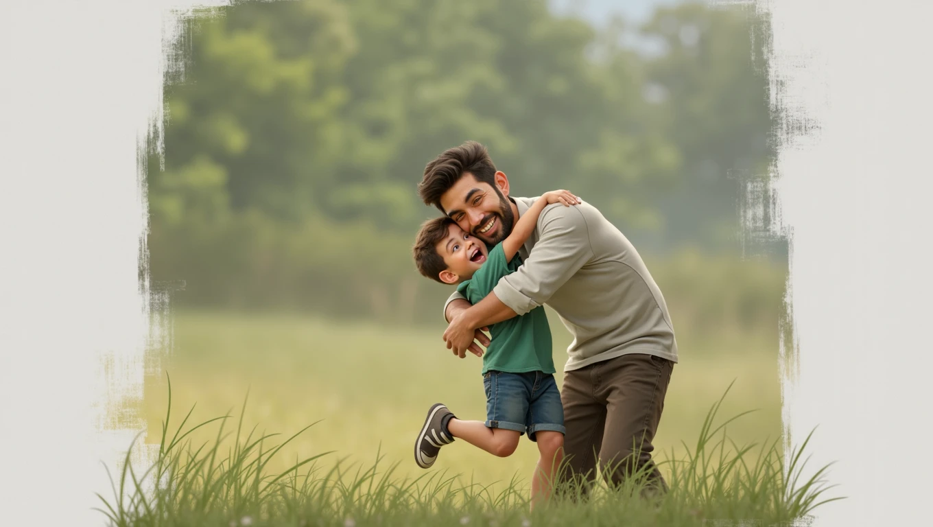 Man happily hugging boy