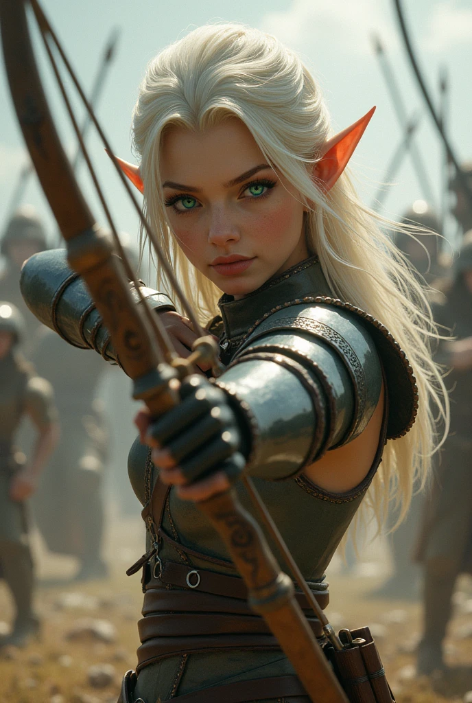 An elf archer approximately twenty-eight years old. Your hair is medium, almost white blondes, Emerald green eyes, pele alva, wearing simple armor. The ears are slightly pointed. She is in a full body attack pose in a war scenario.