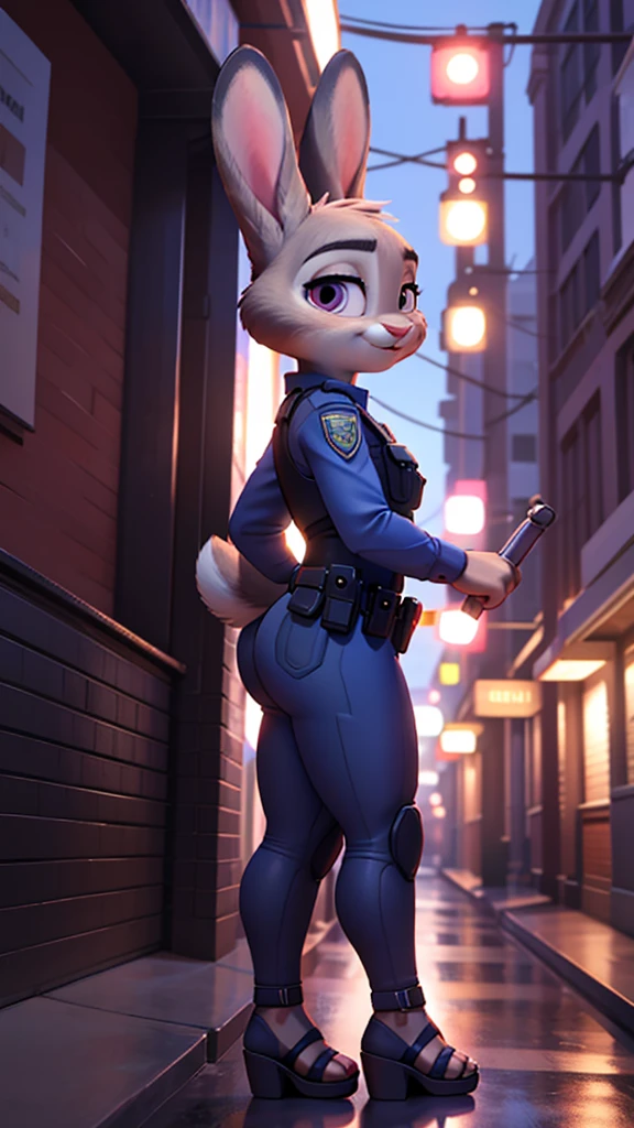 furry woman, antro, whole body, 8 K, movie, masterpiece quality, semi-realistic, high detail, big ass, short tight police uniform, pink heeled sandals, Judy Hopps, it sits,(Best quality), 3D Pixar style, side view, 1 woman