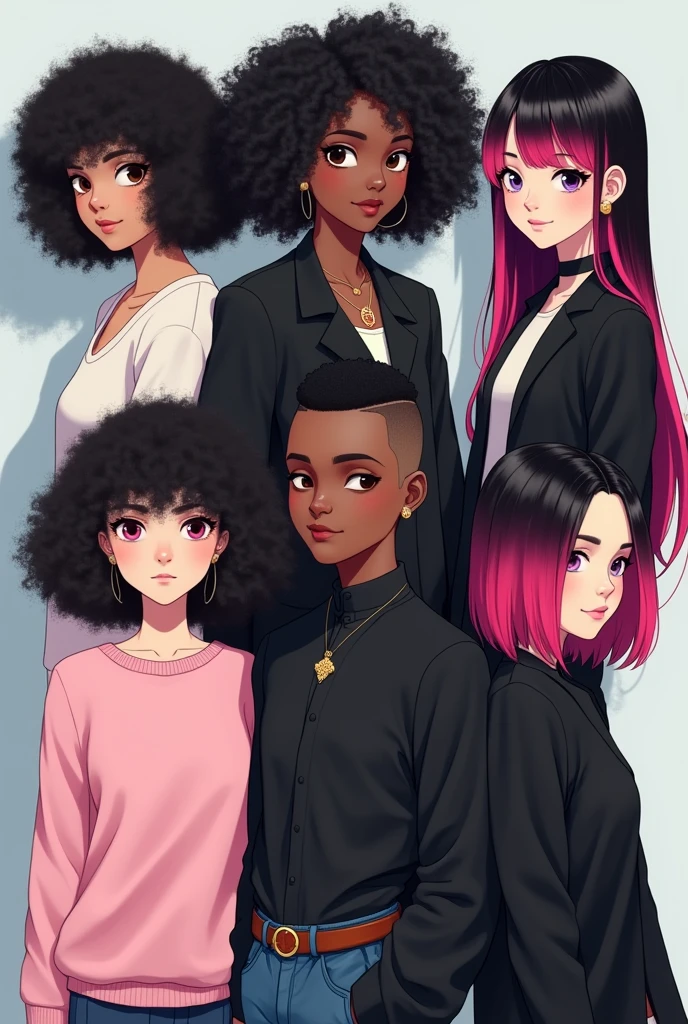 "E-girl in a light pink sweater with curly black Power hair, with outlined" "and E-girl with black coat and curly black Power hair" "and another e-girl with a black coat, straight hair with pink bangs, a little towards the shade of red, with the rest of her hair black" "a dark-skinned man with short hair shaved on the side, with a thick cord, with a black blouse"