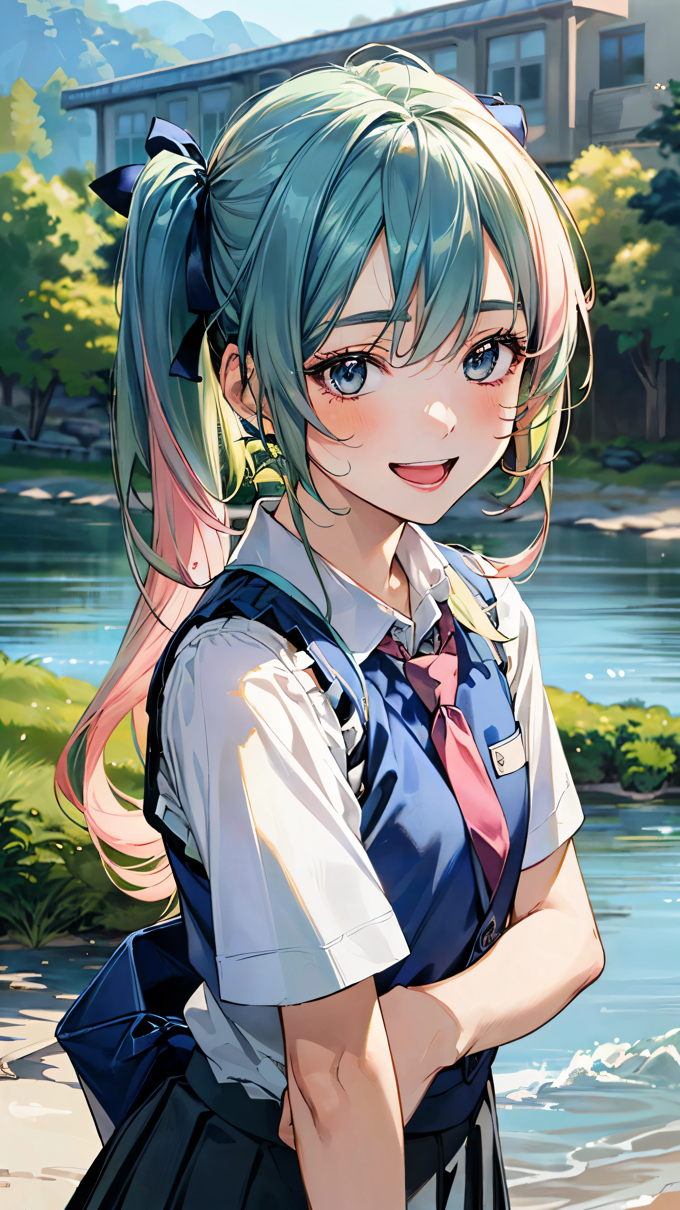 (masterpiece:1.3, Highest quality), (Realistic, photoRealistic:1.4), Beautiful illustrations, (Natural Side Lighting, Cinema Lighting), Depth of written boundary,
View your viewers, (Face Focus, Upper Body), 1 girl, Japanese, (miku hatsune), high school girl, Perfect Face, Cute and symmetrical face, Glowing Skin,
(Long Hair:1.7, Twin tails:1.4, Bright green hair, Pink hair ribbon), Hair between the eyes, Dark green eyes, Long eyelashes, (Large Breasts: 0.8),
Beautiful Hair, Beautiful Face, Beautiful attention to detail, Beautiful clavicle, Beautiful body, Beautiful breasts, Beautiful thighs, Beautiful feet, Beautiful fingers,
((((White collared shirt, Navy blue box pleated skirt, Baby blue school vest), Dark red tie),
(Beautiful views), evening, (river), walk, (Cute smile, Upward glance, Small with open mouth),