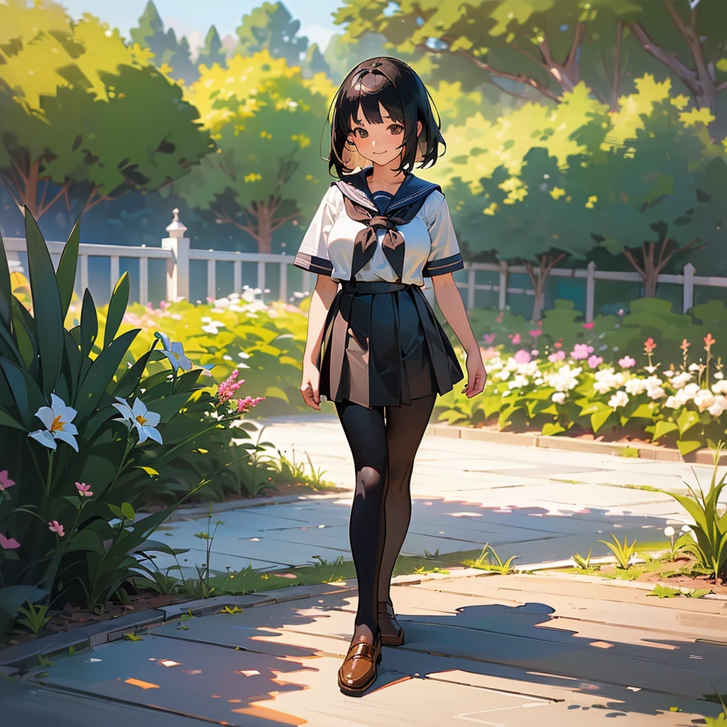 (Highest quality, High resolution, Super detailed, Realistic:1.37), Peaceful atmosphere, (Outdoor, garden), Teenage girl standing alone,(my breasts are big.),Beautifully detailed features, Cute Smile, ((Black bob hair)),Short-sleeved sailor uniform, Pleated skirt,Black tights,Brown leather shoes.