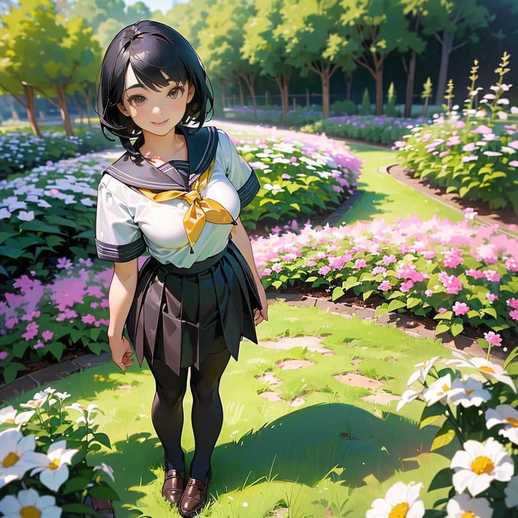 (Highest quality, High resolution, Super detailed, Realistic:1.37), Peaceful atmosphere, (Outdoor, garden), Teenage girl standing alone,(my breasts are big.),Beautifully detailed features, Cute Smile, ((Black bob hair)),Short-sleeved sailor uniform, Pleated skirt,Black tights,Brown leather shoes.