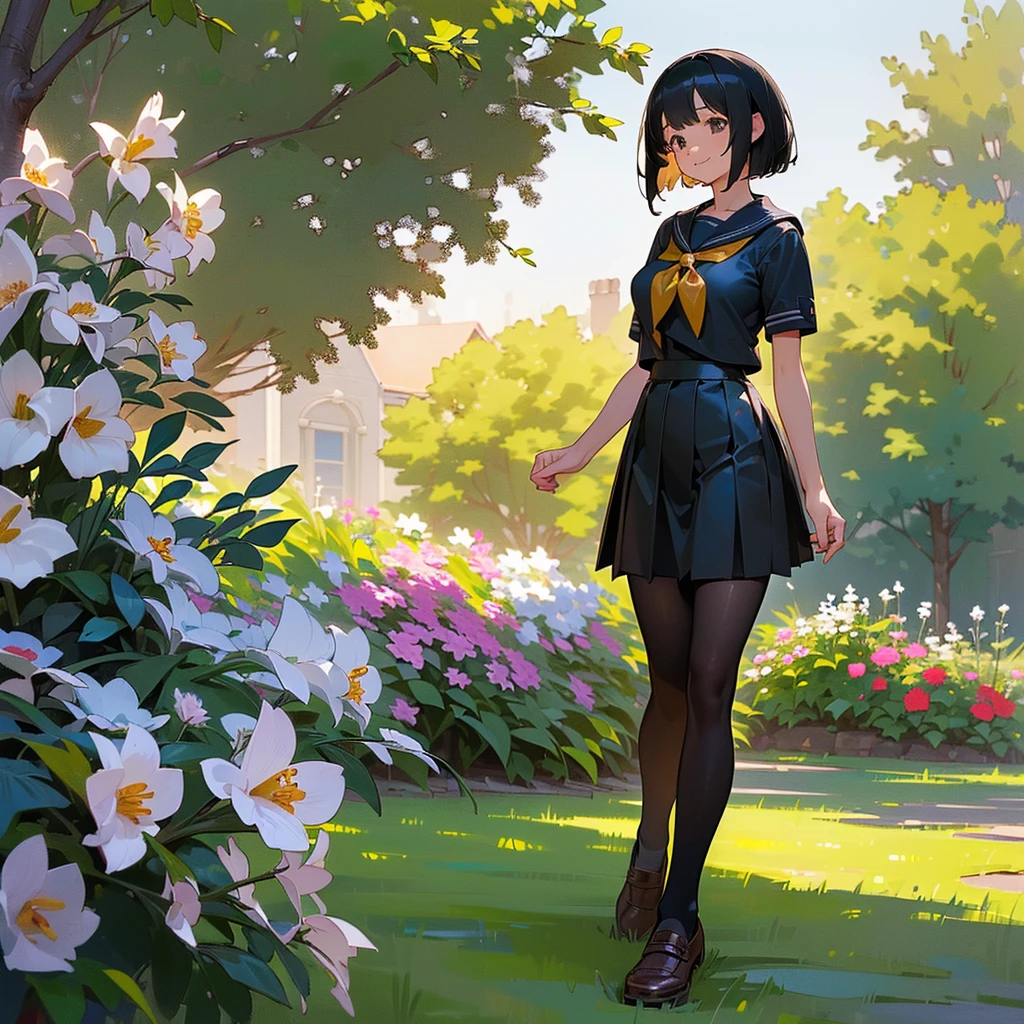 (Highest quality, High resolution, Super detailed, Realistic:1.37), Peaceful atmosphere, (Outdoor, garden), Teenage girl standing alone,(my breasts are big.),Beautifully detailed features, Cute Smile, ((Black bob hair)),Short-sleeved sailor uniform, Pleated skirt,Black tights,Brown leather shoes.