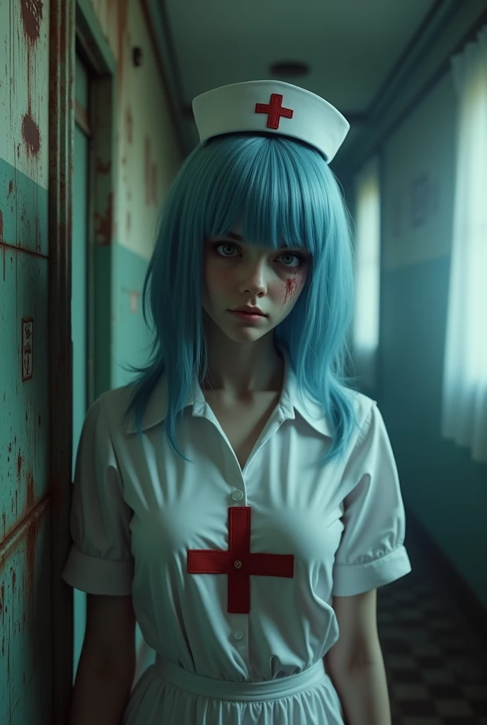 Masterpieces with up to 16K resolution, Spooky Silent Hill style. | 20-year-old woman, Wearing pure white nurse clothes, now dirty, Torn, Bloody. sheの体は疲労の兆候を示している., Sweaty, she決意の表情と邪悪な笑みで視聴者を見つめている. sheの短い, Blue hair with voluminous bangs in front of the right eye、不気味なナースキャップがperfectionにマッチしている.。, There is a red cross in the center. bad, dirty, A creepy hospital filled with destroyed hospital machinery, Old broken bed, Bloody Devil, Spooky Altar, Rock layers, Pipe leaks, Broken Computer. The Silent Hill style is permeating the scene, Immerse yourself in a demonic atmosphere of fear and terror. | The composition of the scene emphasizes the corruption and horror.., Dark angles and the play of light and shadow are used to enhance the creepy atmosphere... Details such as blood stains on the costume, character'Ominous look, Destroying the hospital helps create a visually impactful experience.. | Scene with creepy woman in nurse uniform, Immerse yourself in the world of Silent Hill, Full of demons and destruction, sheの決意の眼差しと邪悪な笑みで. | {カメラはsheのすぐ近くに設置されている, revealing her entire body as she adopts an anger_stop temporarilyas, Interact with structures in your scene in exciting ways、Lean on} | she ((anger_stop temporarilyas interacts, Boldly relying on structure, Lean back in an exciting way):1.3), ((perfection_stop temporarily)), ((whole body)), perfection_refer, perfection_feet, &References;learn more&References;