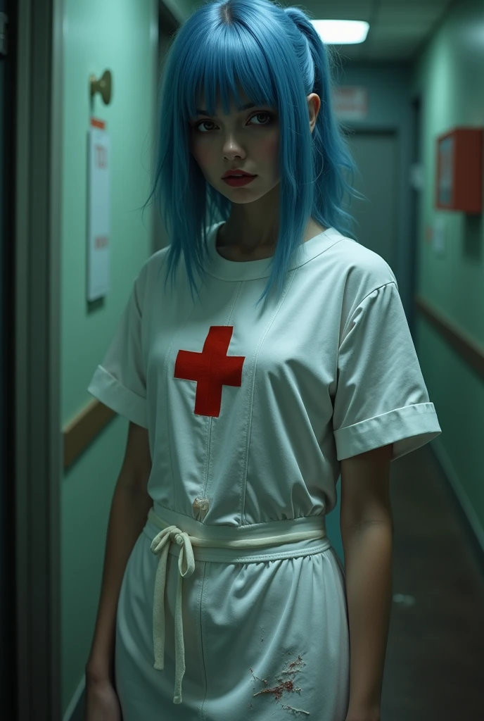 Masterpieces with up to 16K resolution, Spooky Silent Hill style. | 20-year-old woman, Wearing pure white nurse clothes, now dirty, Torn, Bloody. sheの体は疲労の兆候を示している., Sweaty, she決意の表情と邪悪な笑みで視聴者を見つめている. sheの短い, Blue hair with voluminous bangs in front of the right eye、不気味なナースキャップがperfectionにマッチしている.。, There is a red cross in the center. bad, dirty, A creepy hospital filled with destroyed hospital machinery, Old broken bed, Bloody Devil, Spooky Altar, Rock layers, Pipe leaks, Broken Computer. The Silent Hill style is permeating the scene, Immerse yourself in a demonic atmosphere of fear and terror. | The composition of the scene emphasizes the corruption and horror.., Dark angles and the play of light and shadow are used to enhance the creepy atmosphere... Details such as blood stains on the costume, character'Ominous look, Destroying the hospital helps create a visually impactful experience.. | Scene with creepy woman in nurse uniform, Immerse yourself in the world of Silent Hill, Full of demons and destruction, sheの決意の眼差しと邪悪な笑みで. | {カメラはsheのすぐ近くに設置されている, revealing her entire body as she adopts an anger_stop temporarilyas, Interact with structures in your scene in exciting ways、Lean on} | she ((anger_stop temporarilyas interacts, Boldly relying on structure, Lean back in an exciting way):1.3), ((perfection_stop temporarily)), ((whole body)), perfection_refer, perfection_feet, &References;learn more&References;