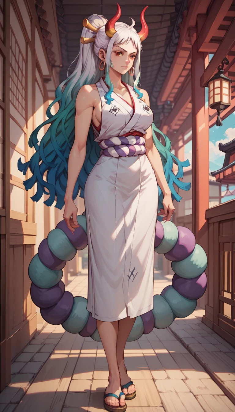 score_9,score_8_up,score_7_up,score_6_up, yamato \(one piece\), long hair, multiclored hair, oni, horn, 1girl, full body, background wano
