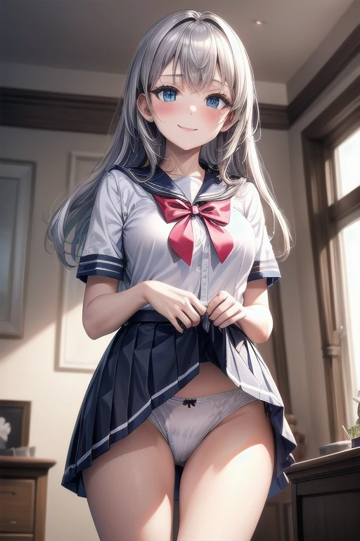 very cute and beautiful girl,(highly detailed beautiful face and eyes:1.2),sailor school uniform,navy blue pleated mini skirt, skirt lift,(white panties),dynamic angle,(smile),blush,looking at viewer,black hair, european antique living room,gorgeous furnitures, (best quality,masterpiece:1.2),absurdres,highres,ultra-detailed,extremely detailed,32k,8k resolution, intricate details,cinematic scene,detailed background,solo,dynamic angle, natural lighting,hair fluttering in the wind, silver hair 