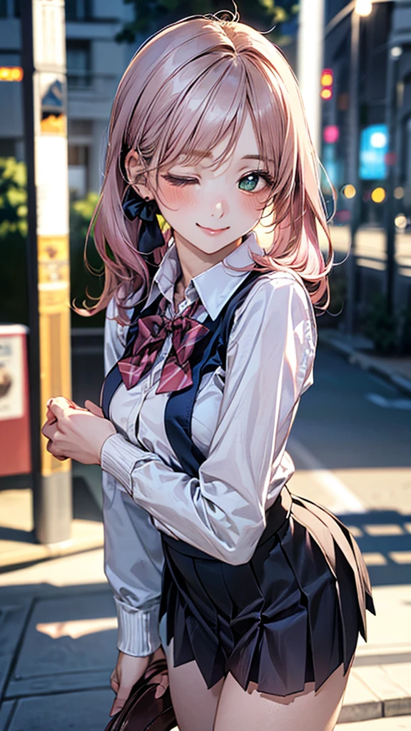 (masterpiece:1.2, top-quality), (realistic, photorealistic:1.4), beautiful illustration, (natural side lighting, movie lighting), nsfw,
looking at viewer, cowboy shot, front view:0.6, 1 girl, japanese, high school girl, perfect face, cute and symmetrical face, shiny skin,
(long hair:1.8, side ponytail:1.7, sidelocks, light pink hair), parted bangs, emerald green eyes, long eye lasher, (large breasts:0.8, thick thighs),
beautiful hair, beautiful face, beautiful detailed eyes, beautiful clavicle, beautiful body, beautiful chest, beautiful thigh, beautiful legs, beautiful fingers,
((((long sleeve)), roll up sleeves, white collared shirts, navy pleated mini skirt, black socks, brown loafers, red bow tie, pastel pink sleeveless knitted vest, black headband)), pink panties,
(beautiful scenery), evening, riverside, walking, heart hands, (one eye closed, wink, lovely smile, upper eyes),