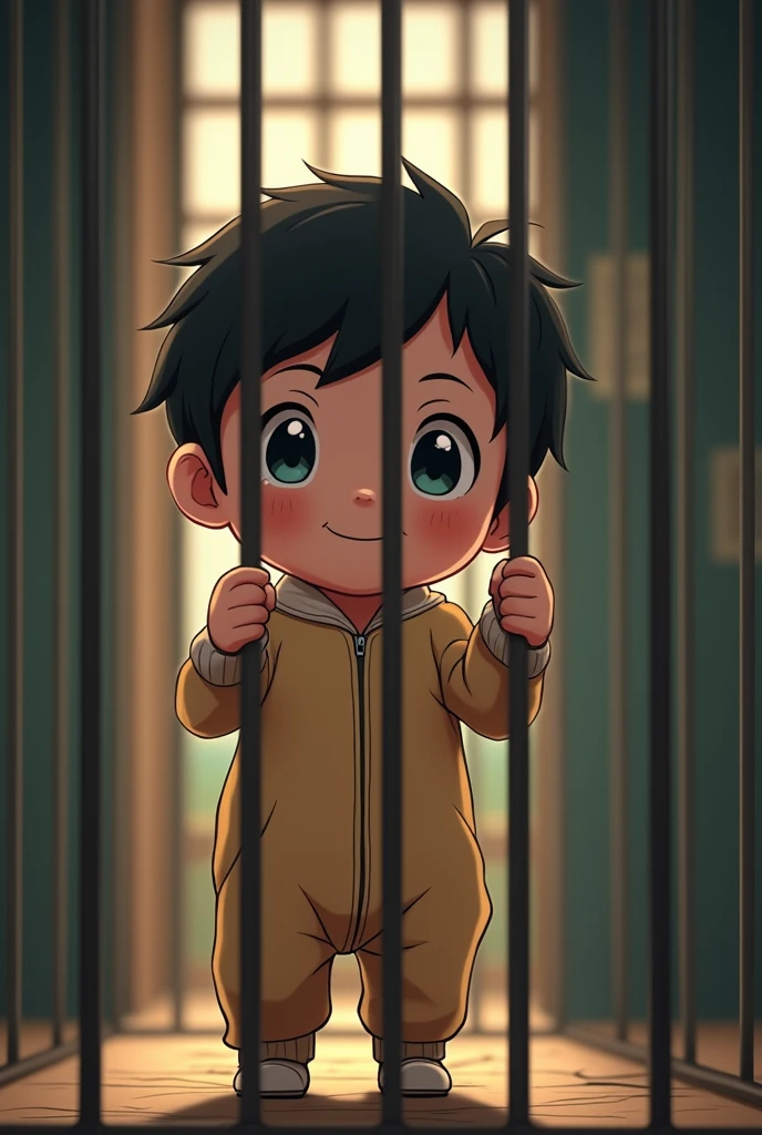 Cinematic Anime style. Manga art. TME0224 face, (((a baby boy, 4 year old))) in a funny night (((wearing a baggy onesie without a zipper with hands in mitts))), (((inside a closed cage behind bars))). cinematic lighting, drop shadow, masterpiece, UHD, anatomically correct, textured skin, super detail, high details, high quality, best quality, 4K, full body