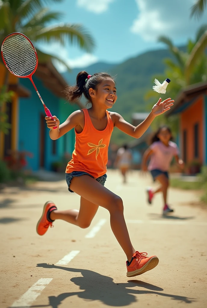 Filipino girl playing badminton in barangay, a solo picture