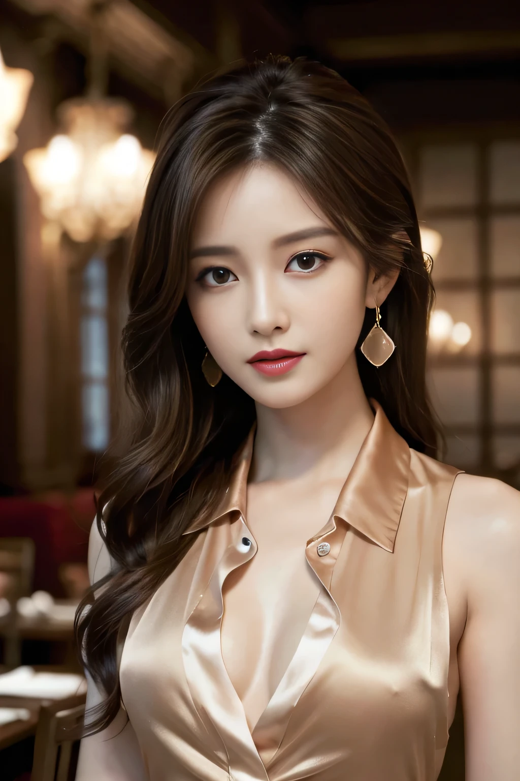 masterpiece, Highest quality, Realistic, Very detailed, Finer details, High resolution, 8k wallpaper, One beautiful woman, Wear an elegant silk shirt in a pretty color, In a great restaurant, At night, Light brown messy hair, Perfect dynamic composition, Beautiful and beautiful eyes、Big earrings、chest、Sleeveless shirt、