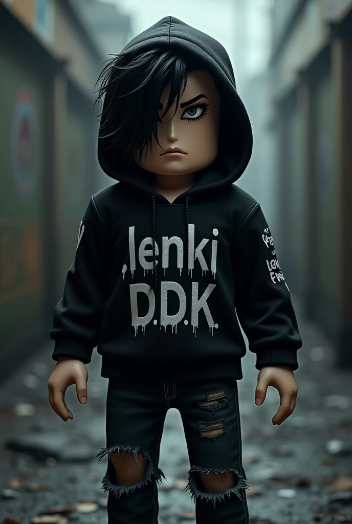 Create a photo of an emo style roblox character that says lenki.DKK