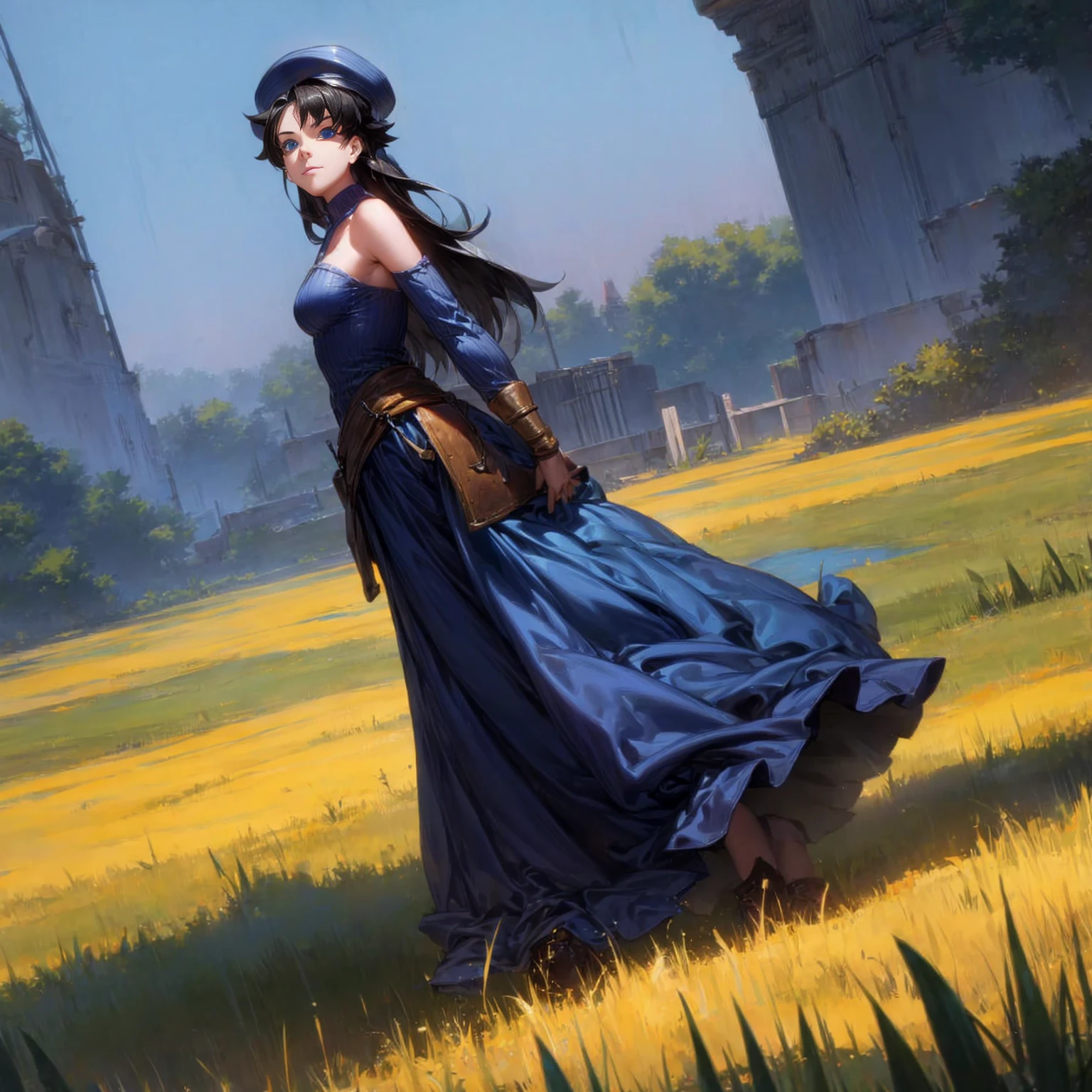 Solo character, young girl, full body version, blue eyes, black colour hair, long hair, blue long dress, bare shoulder, gloves, hat, long skirt, boots, outdoor, field, town, medieval , standing gesture, detailed hair, detailed background, sad eyes, smile mouth, (one piece style art), (dragon ball style art)