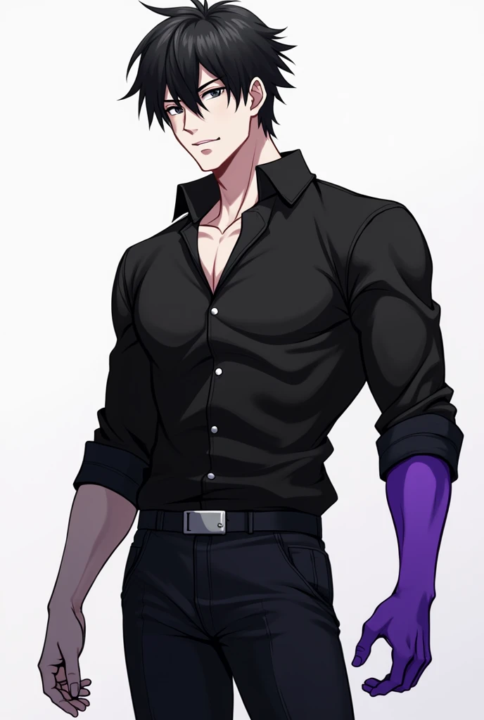generate an anime character who wears all black, white shirt, has black hair and gray eyes, and has a purple right arm, naughty man, he only has a purple right arm and the other normal, he is strong weighs 70 kilos and has 1,80 tall, his arm is purple and it's not a garment, it's the skin and it's just an arm, leave the image with the quality of a drawing , he wears a black blouse