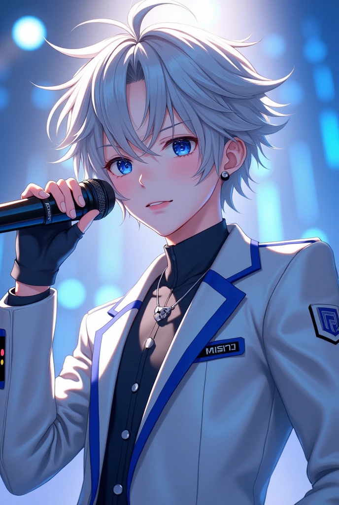Anime idol boy with messy silver hair falling over one eye.
skin fair.
royal blue eyes.
Silver clothing,white and royal blue white idol microphone.
vocaloid sekai cool stylish