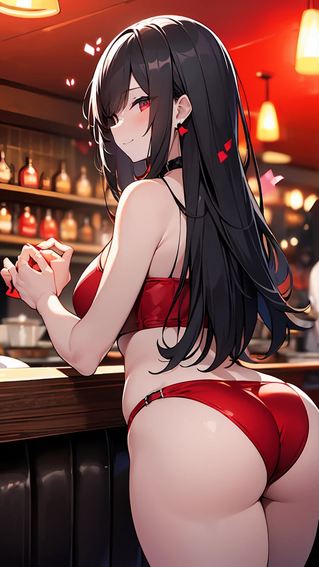 high resolution, extremely detailed CG, unity 8k wallpaper, super detailed skin, perfect anatomy, detailed, cinematic lighting, dynamic lighting, beautiful detailed eyes. (red light district, restaurant:1.5), gigantic breasts.women are、Wearing a metallic bikini、(making a heart shape with hands:1.5)、Standing facing forward in a crowd. her hair is short and black、Your smile is wonderful.The skin is radiant.
