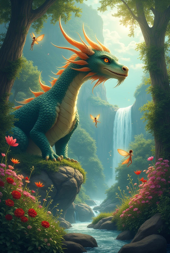 Dragon drawing magical garden with magical creatures and mystical lights magical garden and dragon and fairies Drawing to paint